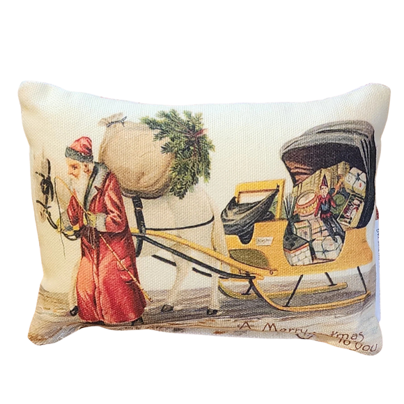 Scenes are taken from vintage postcards, this Santa is leading his white horse that is pulling his yellow sleigh that is full of toys for the children. Along the bottom, it says 