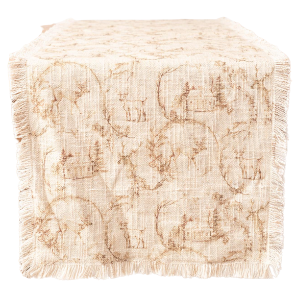 This beautiful cotton runner has a cream background with a sepia toile print with deer and cabins on top of it.  

54
