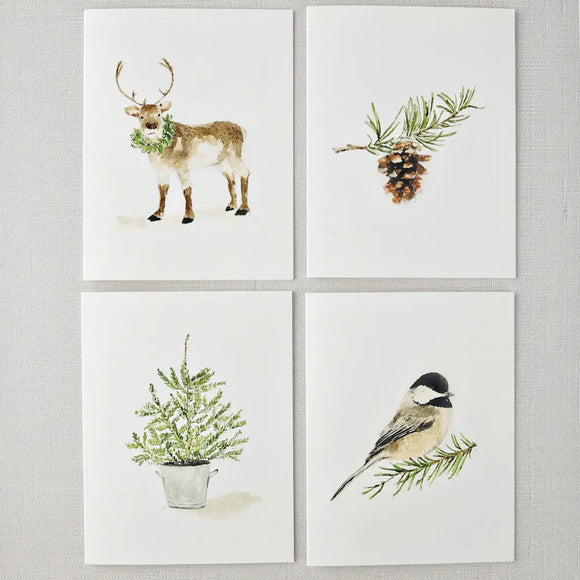 The assorted set of evergreen notecards are blank on the inside with charming watercolor illustrations of a chickadee, pinecone, reindeer and potted tree on the front. They bring a touch of delight to your Christmas cards, hostess gifts, thank you notes, housewarming gifts, get-well wishes, and more.

Set of eight folded cards + envelopes - blank inside - 5.5