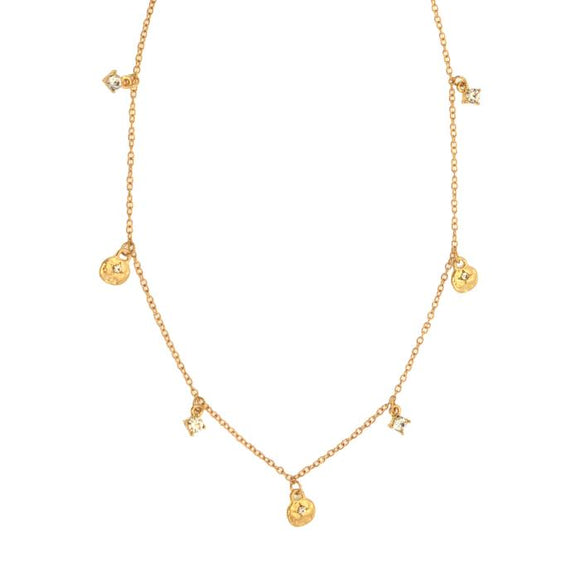 This pretty necklace has a link 16+ chain with seven different charms hanging from it. Three of the gold charms have a bit of sparkle from the rhinestones on them, the other four charms are sparkling rhinestones.

The necklace is 19