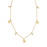 This pretty necklace has a link 16+ chain with seven different charms hanging from it. Three of the gold charms have a bit of sparkle from the rhinestones on them, the other four charms are sparkling rhinestones.

The necklace is 19" from the top of the clasp to the end ring