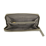Cool, stylish, and organized, too! This grey wallet has it all! 12 credit card pockets, 2 change pockets and 2 billfold pockets all wrapped in a dark oak&nbsp;colored vegan leather, lined with rugged washed canvas, and accented with our new Logo zipper pull. The removable strap lets you carry it as a compact wristlet, too!


Dimensions: 7.75 in. W x 4 in. H x .5 in. D
Full Zip Around Closure
Exterior Zip Pocket on Spine
Removable Wristlet Strap
12 Credit Card Pockets
2 Billfold Pockets
Interior Zipper
Coin 
