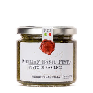 The classic basil pesto is made with a Sicilian touch. Add a dollop to your morning eggs or pizza sauce. Elevate your sandwich game, or put some in your pasta for an easy meal! You can also create an appetizer plate to remember with this amazing pesto. Made with the finest ingredients, this pesto stands out from the rest because of its rich flavor.&nbsp;  Ingredients: Basil, Extra Virgin Olive Oil, Cheese, Almonds, Sea Salt, Pistachios, and Acidifying Agent (Citric Acid).