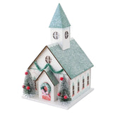 Create merry tablescapes or countertop displays with this charming Christmas church. The sturdy cardboard-constructed church will become the focal point of your Christmas village display. Glitter galore and snow accents are sure to bring holiday spirit to your celebrations this December.

House is 5.5" wide x 6" deep x 10" tall&nbsp;

Includes battery-powered light inside.&nbsp;

Requires 2 AAA batteries. Please keep out of reach of small children