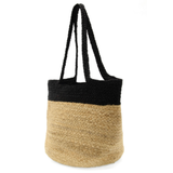 Get ready for summer with this fantastic natural jute tote with a bold black stripe going around the top, continuing to the handles! Stunning with every outfit, and big enough to hold whatever you need for a quick getaway.&nbsp;


Product Details
Dimensions: 12.5 in. H x 19.5 in. W x 13 in. D
Shoulder strap drop: 11 in.
Open top, no closure
Natural Jute fibers
Vegan leather trim
Unlined
Please note due to the handmade nature of this product size may vary