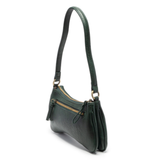 Meet Nicolette, our sleek, curvy evergreen colored crossbody pochette with a minimalist style. Featuring soft sculptural curves in tumbled vegan leather, this bag is closed with a brass zipper that encloses 3 interior compartments to keep your cards, cash, keys and phone stowed neatly. The gleaming brass rings open to swap out the two included shoulder straps. A short strap for dressier looks and a longer adjustable crossbody strap when you want to go hands free. Available in an array of beautiful colors, t