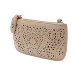 Our best-selling turn lock clutch has been reimagined in soft taupe vegan leather in a pretty laser cut pattern reminiscent of breezy eyelet giving this classic style a fresh, feminine update. This lacy look is the perfect accent whether you are wearing boots or heels and will look great with all your easy summer looks! This cute clutch is super versatile and can be worn by the wristlet or worn as a crossbody when you want to go hands free!

&nbsp;6.5 in. H x 9.5 in. W x 3 in. D

Top zip closure
Adjustable 