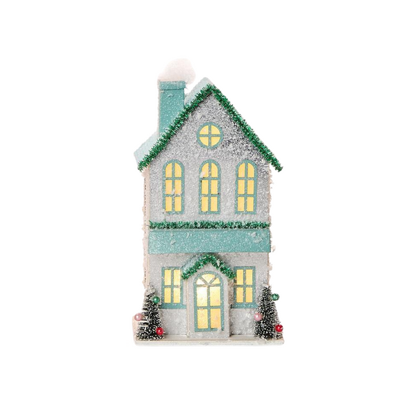 Create a cozy winter wonderland with our battery opperated cardboard village house! This house has a turquoise snow covered roof and a turquoise base with two trees beside the snow covered shiny silver house. With green accented windows on the front and sides, it will bring a warm glow to your home this year!

Battery operated (included)

6.75
