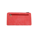 This slim and sleek wallet has nine credit card pockets, each with a snap tab for security and brass-plated hardware. It also has an ID window, zippered change pocket, and zippered billfold pocket in distressed beautiful sizzling red vegan leather.


DIMENSIONS: 3.75 IN. H X 7.25 IN. W X .25 IN. D&nbsp;


100% Vegan leather (polyurethane)