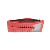 This slim and sleek wallet has nine credit card pockets, each with a snap tab for security and brass-plated hardware. It also has an ID window, zippered change pocket, and zippered billfold pocket in distressed beautiful sizzling red vegan leather.


DIMENSIONS: 3.75 IN. H X 7.25 IN. W X .25 IN. D&nbsp;


100% Vegan leather (polyurethane)