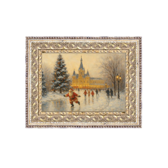 Here is a wonderful print of Santa skating! This artwork is printed on high-quality canvas and elegantly presented in a handcrafted ornate frame.

Made in the USA: Proudly crafted with quality and care. 

Care Instructions: Keep canvas dry to maintain its quality. If smudged or dirty, gently wipe with a dry, soft cloth.