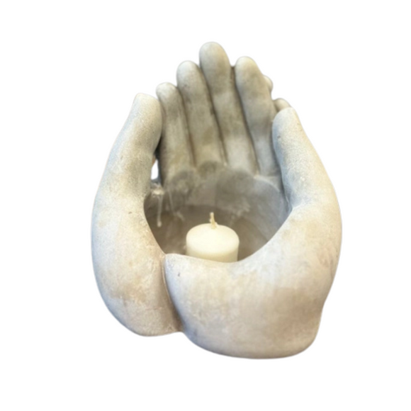 You'll love decorating indoors or outdoors with this small cement hands planter.  It lends you a hand as it holds plants or a candle for you!

5.25