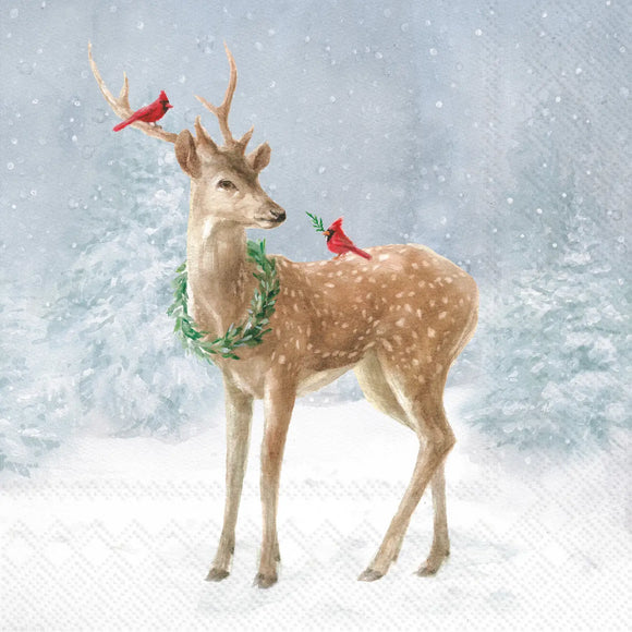 Here's a beautiful cocktail napkin for your next get together!  On a blue snowy background is a deer with two cardinals.

Materials - Paper

20 per pkg: 3 ply - 5 x 5 in.