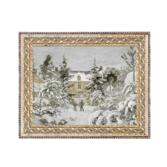A beautiful little piece of artwork with lots of pinetrees covered in snow with a home in the background and two figures in the middle gathering sticks and hay. It is a lovely piece of art to add to your gallery wall, or as a little accent on your table or shelf. This artwork is printed on high-quality canvas and elegantly presented in a handcrafted ornate frame.

Made in the USA: Proudly crafted with quality and care. 

Care Instructions: Keep canvas dry to maintain its quality. If smudged or dirty, g