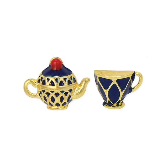 Wear this elegant navy blue and gold teapot and teacup post earrings to your next tea party! Both whimsical and charming, these mismatched pair of gold earrings feature a navy blue enamel teapot and teacup. The intricate detailing and sophisticated color create a playful and eye-catching look. Celebrate the whimsy and nostalgia of tea time with this delightful teapot and teacup earring set, perfect for those who appreciate quirky and unique accessories. 

Made in China

Measures: 3/8 x 3/8