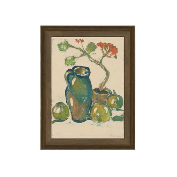 We just love this colorful 12 x 16 still life with a jug, fruit and potted geranium by  Zolo Palugyay! Printed on premium canvas fabric for a lasting, textured finish and has a handcrafted wood frame frame that adds a classic charm.  Comes with a paper backing and hanging hardware for easy installation.

Made in the USA: Proudly crafted with quality and care. 

Care Instructions: Keep canvas dry to maintain its quality. If smudged or dirty, gently wipe with a dry, soft cloth.