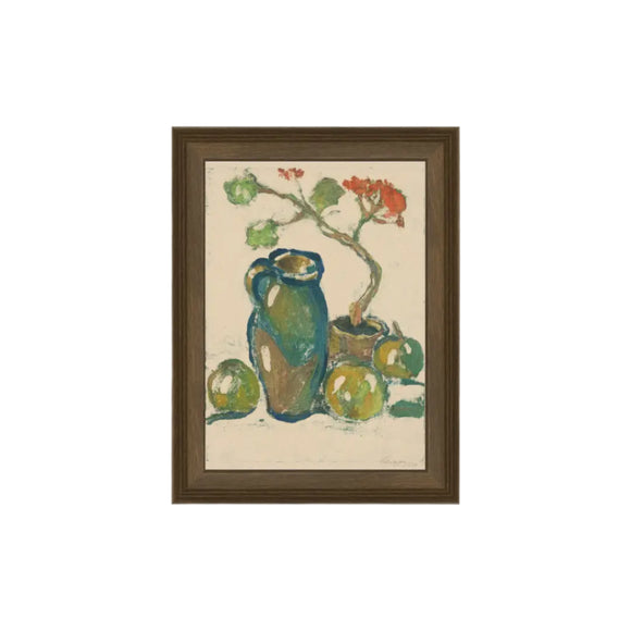 We just love this colorful 6 x 8 still life with a jug, fruit and potted geranium by  Zolo Palugyay! Printed on premium canvas fabric for a lasting, textured finish and has a handcrafted wood frame frame that adds a classic charm.  Comes with a paper backing and hanging hardware for easy installation.

Made in the USA: Proudly crafted with quality and care. 

Care Instructions: Keep canvas dry to maintain its quality. If smudged or dirty, gently wipe with a dry, soft cloth.