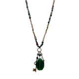 This long necklace can be doubled and hooked together to make a shorter one instantly! Gorgeous green, grey and brownish-red stones make this a stunning piece to wear to work or out on the town! The large India Agate on the bottom of the necklace has a gold key and a small beaded chain that hang next to it.