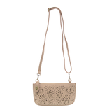 Our best-selling turn lock clutch has been reimagined in soft taupe vegan leather in a pretty laser cut pattern reminiscent of breezy eyelet giving this classic style a fresh, feminine update. This lacy look is the perfect accent whether you are wearing boots or heels and will look great with all your easy summer looks! This cute clutch is super versatile and can be worn by the wristlet or worn as a crossbody when you want to go hands free!

&nbsp;6.5 in. H x 9.5 in. W x 3 in. D

Top zip closure
Adjustable 