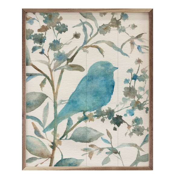 You will love this beautiful watercolor silhouette of a teal bird that is looking right and is sitting on brown and teal colored branches with flowers! The colors are absolutely gorgeous, and we love that it is all on a whitewashed wooden background.

This unique piece is a simple way to bring beauty and charm to any wall or shelf within the home. It is made from high-quality American hardwood planks with a hand-painted face, printed with UV-cured ink, and is framed in a natural walnut frame. Each piece is 