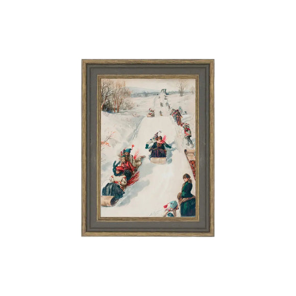 Follow the leader! This sweet little framed artwork: Tobagganing in the Countryside by Henry Sandham is sure to bring a smile. It is a lovely piece of art to add to your gallery wall, or as a little accent on your table or shelf. This artwork is printed on high-quality canvas and elegantly presented in a handcrafted ornate frame.

Made in the USA: Proudly crafted with quality and care. 

Care Instructions: Keep canvas dry to maintain its quality. If smudged or dirty, gently wipe with a dry, soft c