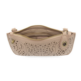Our best-selling turn lock clutch has been reimagined in soft taupe vegan leather in a pretty laser cut pattern reminiscent of breezy eyelet giving this classic style a fresh, feminine update. This lacy look is the perfect accent whether you are wearing boots or heels and will look great with all your easy summer looks! This cute clutch is super versatile and can be worn by the wristlet or worn as a crossbody when you want to go hands free!

&nbsp;6.5 in. H x 9.5 in. W x 3 in. D

Top zip closure
Adjustable 