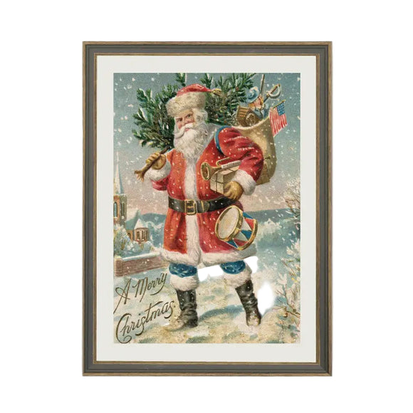 Here comes Santa! He's walking in the snow carrying a tree and all the toys to put under it. Below are the words 