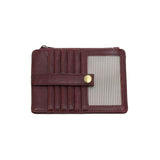 We love this mini wallet in a blackberry colored vegan leather! It is full of style and will hold your license and up to six credit cards. The zipper pocket is roomy enough for your change and cash, and a pocket is on the back.&nbsp; This mini wallet is perfect for you, but it makes an awesome gift!

DIMENSIONS: 4 IN. H X 5.5 IN. W X .25 IN. D

ZIPPERED TOP CLOSURE ON EDGE

6 CREDIT CARD POCKETS

ID WINDOW POCKET

EXTERIOR PASSPORT POCKET

STRIPED LINING

BRASS PLATED HARDWARE

100% VEGAN LEATHER (POLYURETH