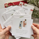 This special set of Christmas Truth for Today cards encourages you to fill your mind with beauty and truth all season long. Each card pairs a Bible verse with a delightful watercolor illustration. Display in your home for a pretty way to point to Jesus. Use them as a nightly Advent reading, share them as encouragement with a friend, handpick a card to include in your Christmas cards, or tie atop packages. They make a wonderful gift for grandparents, neighbors, teachers, and friends!

Details: - 31 card set 
