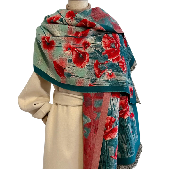 This one size fits all reversible wrap, drapes over and accents any outfit, casual or dressy. It feels and looks like cashmere. A beautiful layering piece!

55% Poly, 45% Viscose.

Dry clean or hand wash cold with light colors, lay flat to dry, iron on lowest setting if need, do not bleach.