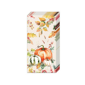 These tissues have a beautiful scene of leaves falling all around three pumpkins, one orange, one white, and the other green and cream striped.&nbsp;  4 ply - 10 tissues per package - 4 X 2,  Materials - Paper,  Country of Origin - Germany