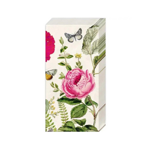 Beautiful pink roses with raspberries adorn these gorgeous tissues.  4 PLY - 10 paper tissues per package  4" X 2"&nbsp;&nbsp; Made in Germany