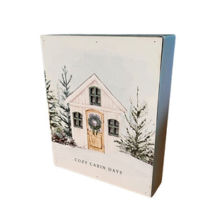 This adorable light-up block features a beautiful white farmhouse on the front and the words "Cozy Cabin Daysy" below. It has a six-hour on and 18-hour off timer (which we LOVE), so those lit windows will make those long winter nights a little brighter and happier!  6 H x 5 W x 1.5 D  MDF