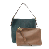 Equally timeless and modern, our best-selling classic hobo comes in rich vegan leather in a gorgeous, vivid deep teal, with a brown strap.&nbsp; This roomy bag, accented with a large front pocket and a snap-in removable brown crossbody, has plenty of room to carry your needs in style.


MAIN BAG

12" h x 14" w x 6" d

Adjustable strap 6"-11"

Magnetic snap top closure

Exterior open pocket

Two snaps to attach insert to act as a lining

Brass-plated hardware

100% Vegan leather (polyurethane)

REMOVABLE INS