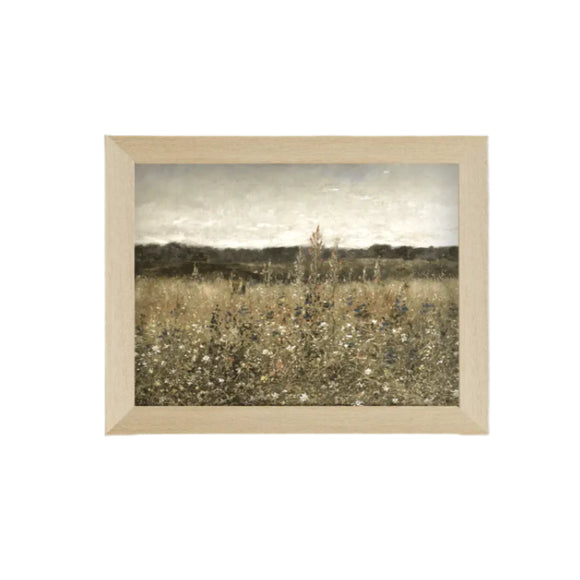 You'll love this vintage print of a wildflower field! Printed on premium canvas fabric for a lasting, textured finish and has a handcrafted wooden frame that adds a classic charm.  Comes with a paper backing and hanging hardware for easy installation.

Made in the USA: Proudly crafted with quality and care. 

Care Instructions: Keep canvas dry to maintain its quality. If smudged or dirty, gently wipe with a dry, soft cloth.
