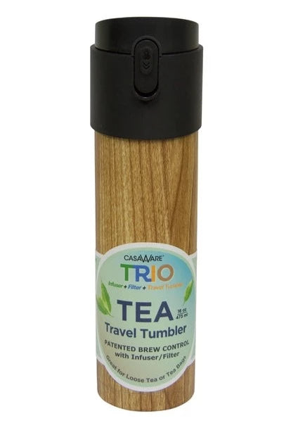 You will wonder how you lived without our newest tea travel tumbler in a beautiful teak finish! This 16 oz stainless steel vacuum-insulated tea travel tumbler will keep your tea hot for six hours and cold for 12 hours.  We love the patented two-way infuser filter. The first way to use the tumbler is to add tea into the two-way filter, snap the filter shut, add hot water, put the lid back on, turn the Trio upside down, and let the tea steep.