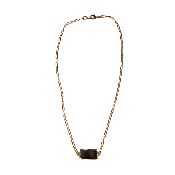 This Above the Bar Necklace features an elegant gold filled paperclip chain and a stunning labradorite bar pendant, giving the piece a luxurious and sophisticated feel. Capture the style of exclusivity with this eye-catching necklace, perfect for any special occasions.

16