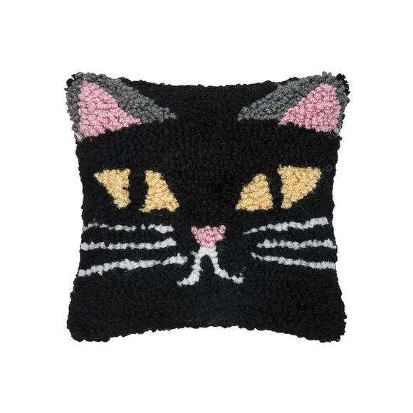 Everyone needs this Spooky Black Cat pillow for Halloween! With its golden yellow eyes and pink nose, it is the most adorable thing you've seen!  We love its size! It will surely bring fun to your pillow party and will mix nicely with the ones you already have! It will be sure to be a graveyard smash!    8″ x 8″ x 3″  Acrylic front, Cotton canvas backing, Polyester filling