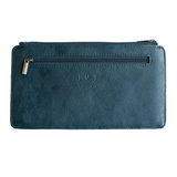 This slim and sleek wallet has nine credit card pockets, each with a snap tab for security and brass-plated hardware. It also has an ID window, zippered change pocket, and zippered billfold pocket in dark indigo vegan leather.


DIMENSIONS: 3.75 IN. H X 7.25 IN. W X .25 IN. D&nbsp;


100% Vegan leather (polyurethane)