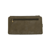 This slim and sleek wallet has nine credit card pockets, each with a snap tab for security and brass-plated hardware. It also has an ID window, zippered change pocket, and zippered billfold pocket in distressed olive vegan leather.


DIMENSIONS: 3.75 IN. H X 7.25 IN. W X .25 IN. D&nbsp;


100% Vegan leather (polyurethane)