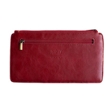 This slim and sleek wallet has nine credit card pockets, each with a snap tab for security and brass-plated hardware. It also has an ID window, zippered change pocket, and zippered billfold pocket in a crimson red vegan leather.


DIMENSIONS: 3.75 IN. H X 7.25 IN. W X .25 IN. D&nbsp;


100% Vegan leather (polyurethane)