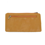This slim and sleek wallet has nine credit card pockets, each with a snap tab for security and brass-plated hardware. It also has an ID window, zippered change pocket, and zippered billfold pocket in a mustard vegan leather.


DIMENSIONS: 3.75 IN. H X 7.25 IN. W X .25 IN. D&nbsp;


100% Vegan leather (polyurethane)