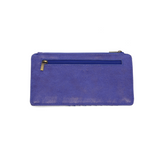 This slim and sleek wallet has nine credit card pockets, each with a snap tab for security and brass-plated hardware. It also has an ID window, zippered change pocket, and zippered billfold pocket in distressed beautiful cobalt vegan leather.


DIMENSIONS: 3.75 IN. H X 7.25 IN. W X .25 IN. D&nbsp;


100% Vegan leather (polyurethane)