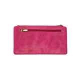 This slim and sleek wallet has nine credit card pockets, each with a snap tab for security and brass-plated hardware. It also has an ID window, zippered change pocket, and zippered billfold pocket in distressed beautiful magenta vegan leather.


DIMENSIONS: 3.75 IN. H X 7.25 IN. W X .25 IN. D&nbsp;


100% Vegan leather (polyurethane)