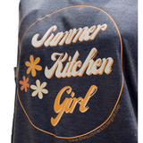 Support your local Girl Gang!!! Get one of our newest Summer Kitchen Girl tees to wear around town. With a fun retro-style font and three flowers off to the side, you'll be the coolest chick around in the soft heathered navy t-shirt!