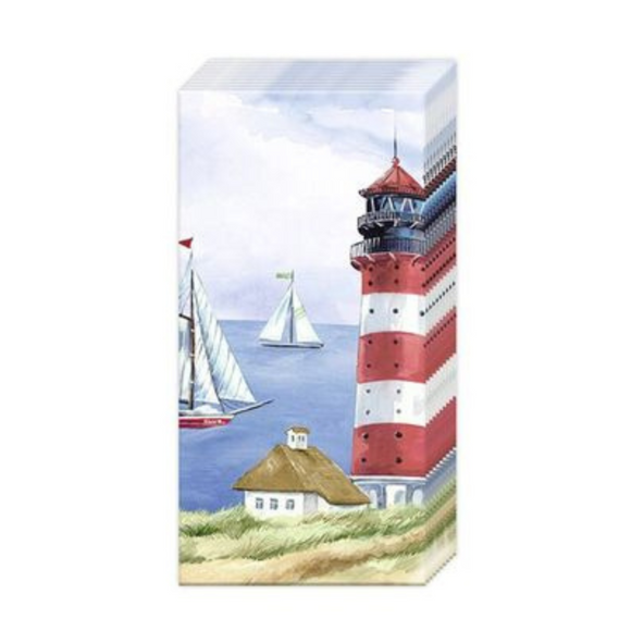 These nautical tissues have a red and white striped lighthouse looking out over the Baltic Sea with sailboats sailing in its waters.   4 PLY - 10 paper tissues per package  4