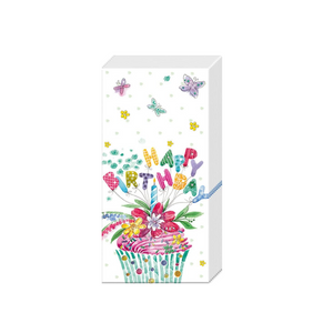 "Happy Birthday" springs out above a pink frosted cupcake with flowers and a single candle on top! What a fun little gift to give a friend for their birthday!  4 PLY - 10 paper tissues per package  4" X 2"&nbsp;&nbsp; Made in Germany