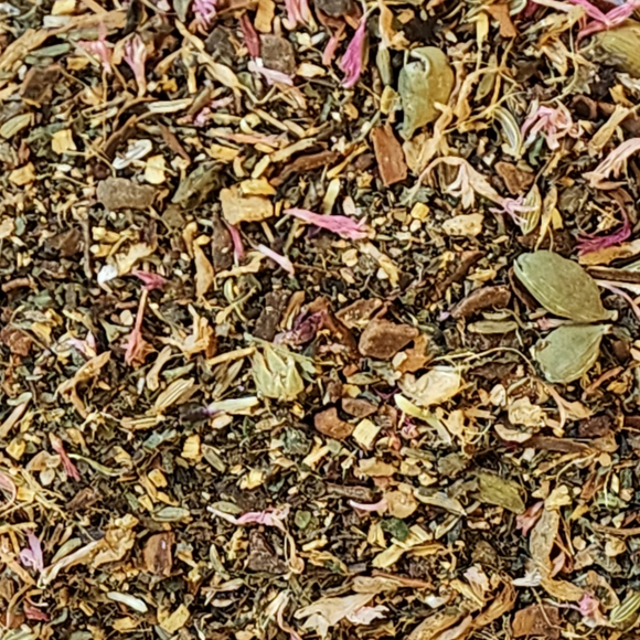 Minty notes intertwined with sweet cinnamon on licorice. Feel better already!  2oz, Herbal tea: Ginger, Peppermint, Cinnamon, Cardamom, Lemon Balm, Licorice, Fennel, Burdock Root                         Antioxidant Level: Low, Caffeine Level: None