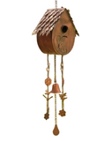 Bring some charm to your outdoor space with our birdhouse chimes! It is beautifully handpainted with a distressed antique copper finish. The house is pear-shaped with a pretty shingle-like roof. There is a bird perched on the top right-hand side. A birdhole in the front lets birds go in (the house has drainage holes at the bottom). 