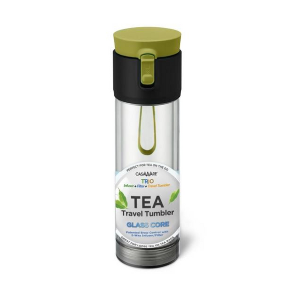 Our favorite Tea Trave Tumbler now comes in this awesome clear 12oz. size! We LOVE that it can be used with our loose-leaf teas and as an infuser. The clear tumbler has a double wall construction. the exterior wall is Tritan which is impact-resistant and BPA-free. the interior wall is borosilicate glass. only the glass interior comes into contact with your beverage.